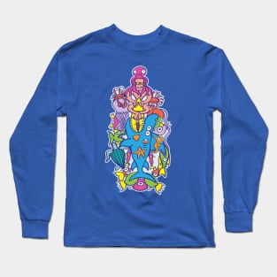 Surfer in trouble in a crowded sea in colorful doodle style Long Sleeve T-Shirt